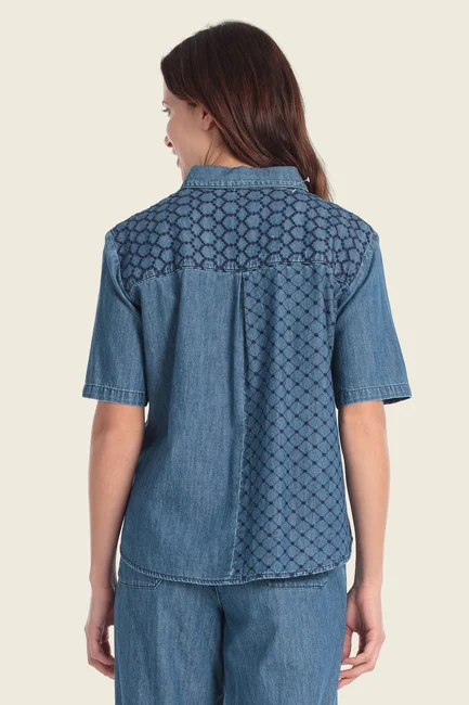 Denim blouse met patchwork