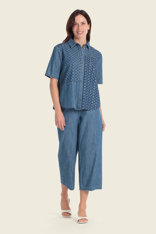 Denim blouse met patchwork